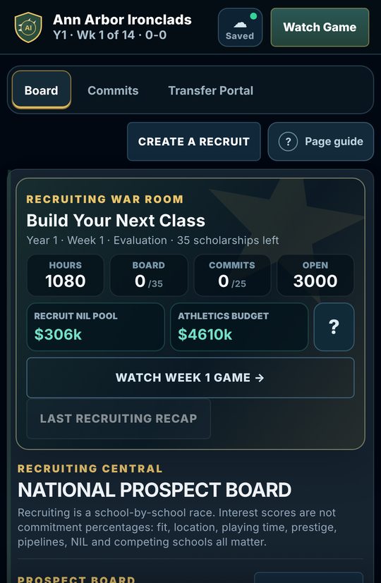Saturday Dynasty Football recruiting screen on a phone